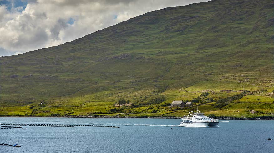 A boat cruising into Killary Harbour in County Galway.