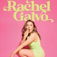 A woman in a short dress is squatting down with one hand raised up to her shocked face, against bright pink background.