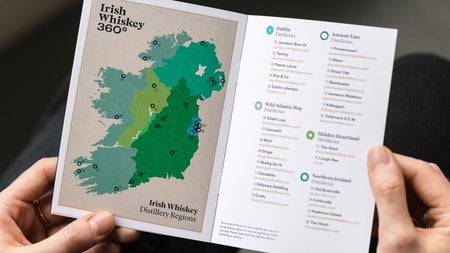 A leaflet detailing a list of Irish Whiskey 360 Experiences locations around Ireland