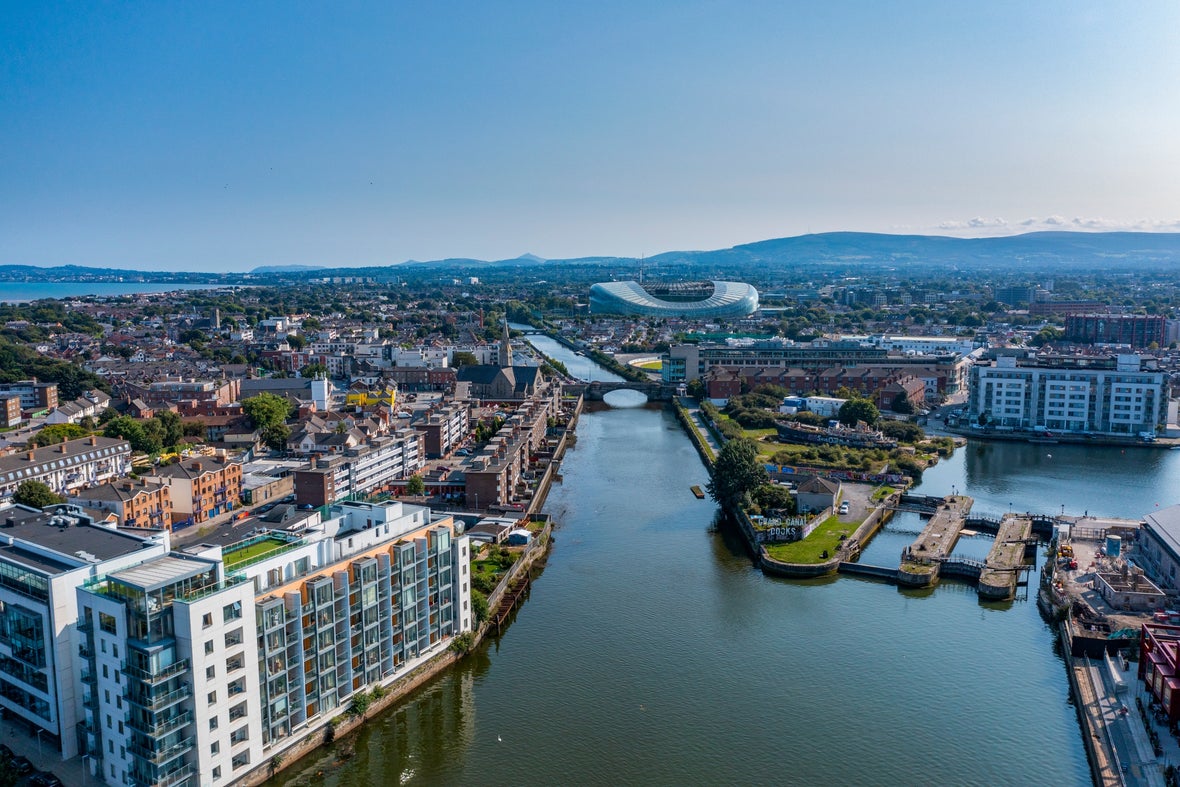 Aerial view Dublin City including Aviva and mountains