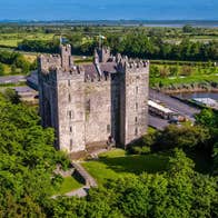 An aerial view of a castle surrounded by trees