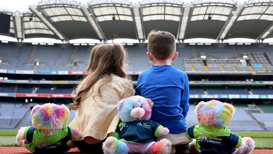 Rear view of 2 young children seated on the ground looking at the large stands in a stadium with multicoloured stuffed toys seated beside them.