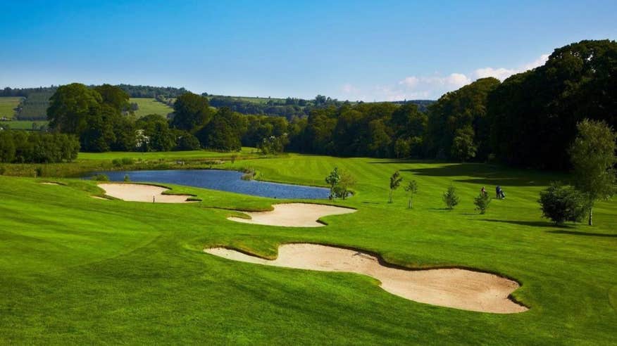 Bunkers and lakes at Bunclody Golf Club in Wexford on a sunny day