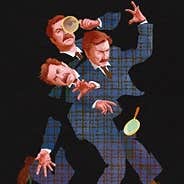 Mike Wozniak: The Bench, cartoon type image of man in suit in 3 different postions.