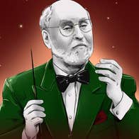 Cartoon type image of older man in green evening jacket holding his hands up with a small black baton.