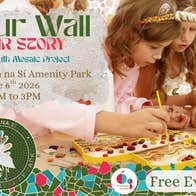 Poster for event Our Wall, Our Story, young children working on art works on a table