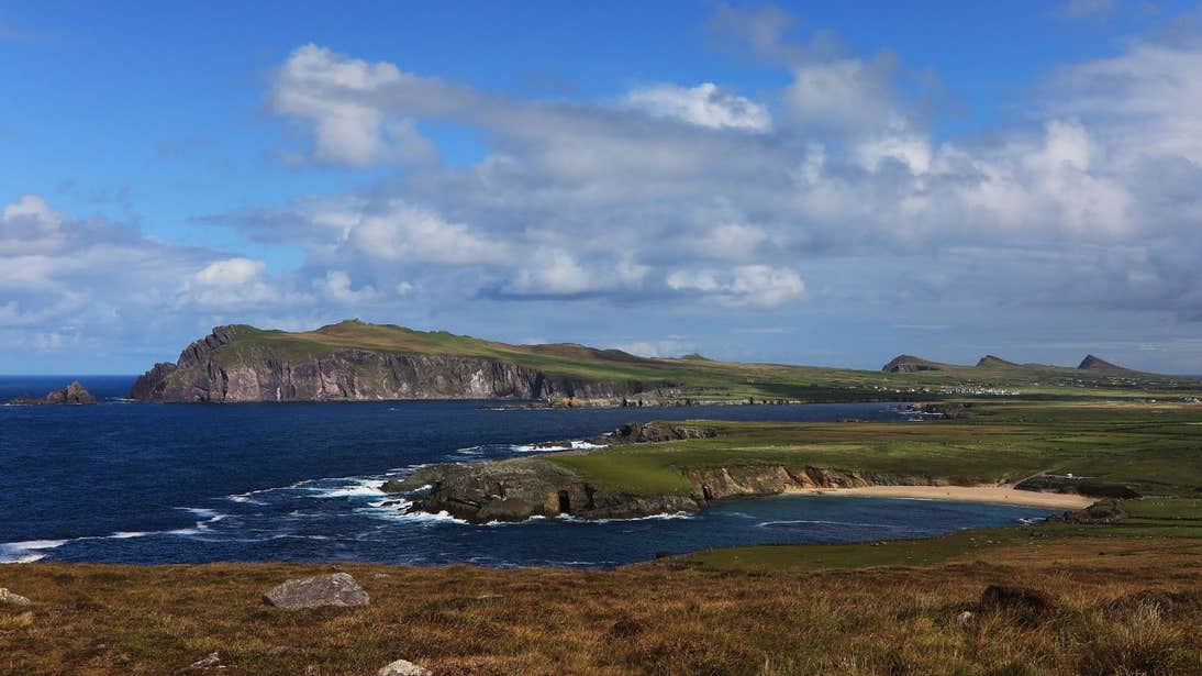 Green spaces and golden beach by the sea at Ceann Sibeal, Kerry