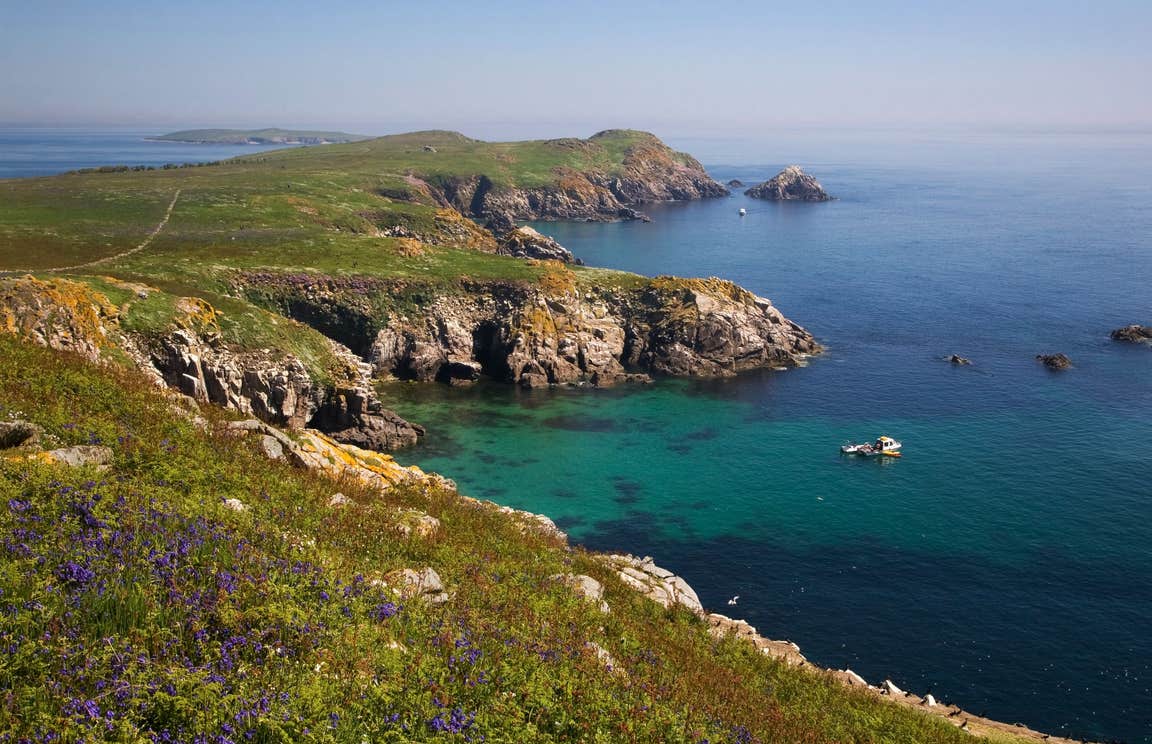 Green hills and blue sea at Saltee Islands, Wexford