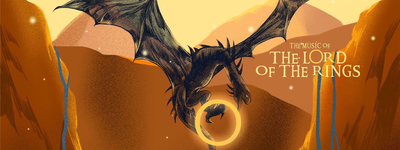 The Music of The Lord of The Rings - drawing of dark, black winged dragon holding a large golden ring