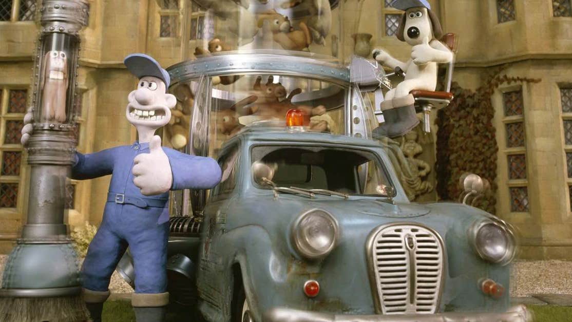Wallace and Gromit animated characters as pest control agents in car in film The Curse of the Were Rabbit at a special 20th anniversary Bank Holiday screening at Siamsa Tíre Tralee