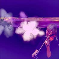 Ioana Petcu-Colan playing a violin with abstract imagery in the background.