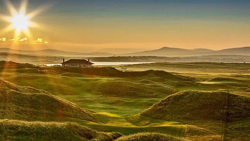 Carne Golf Links aerial view at sunset