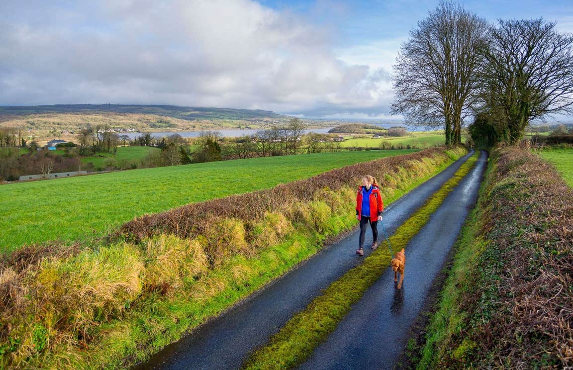 A woman walking a dog along a quiet country lane