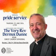 Dean Dermot Dunne's portrait overlays information about the annual Pride Service at Christ Church Cathedral