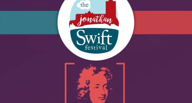 Round logo of red outline of a church with white text above head and shoulder image of man with curly long hair in red against dark purple background.