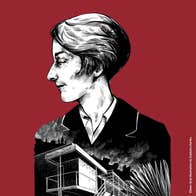 A stylised black‑and‑white illustration of a figure in formal clothing against a deep red background. The lower portion features architectural elements and bold lines, creating a dramatic poster for the Rebels and Revolutionaries Tour.