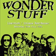 British indie band The Wonder Stuff, poster in lime green with black and green images of band across the bottom edge with text above.