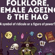 Poster in dark purple with a cartoon witch and related items; cat, moon broom, spell book