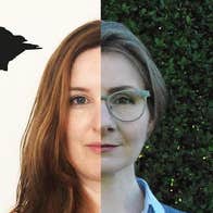 a woman's face cut in half vertically with 2 different faces, one wearing glasses