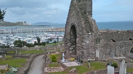 Tailteann Irish Tours view of Howth Abbey and marina below