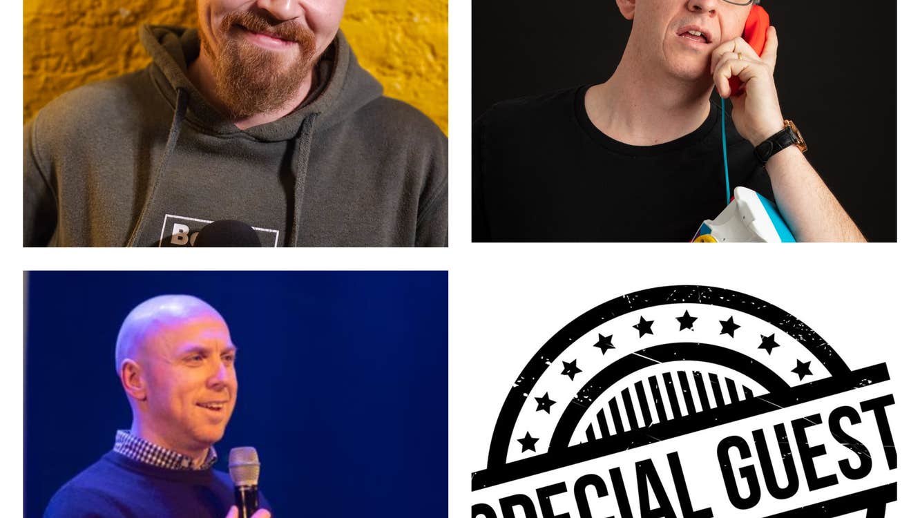 3 different men, holding mics or one is holding a small toy phone to his ear.