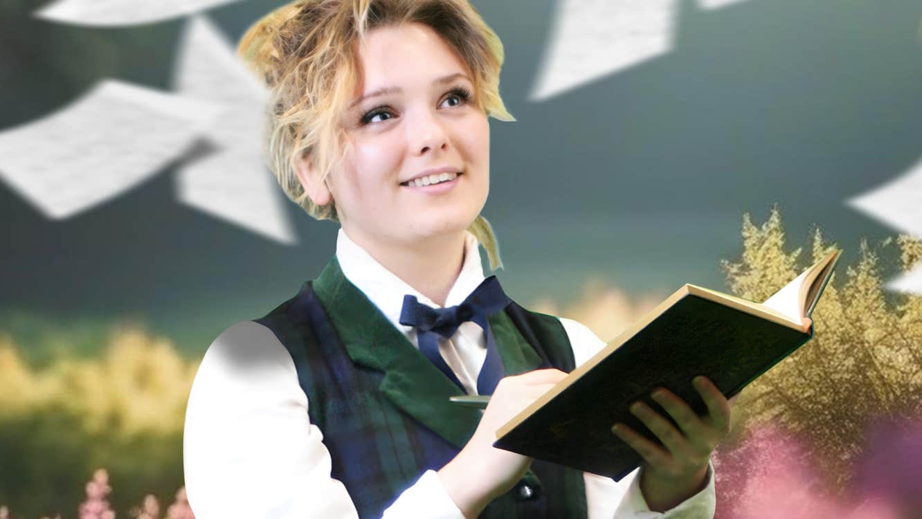 A woman in white shirt and black waistcoat and bow tie is holding an open book and pen, looking upwards with delight.
