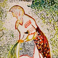 Scene + Heard 2026: Civil, a drawing in mainly dots of a woman in old fashioned dress, sweeping.