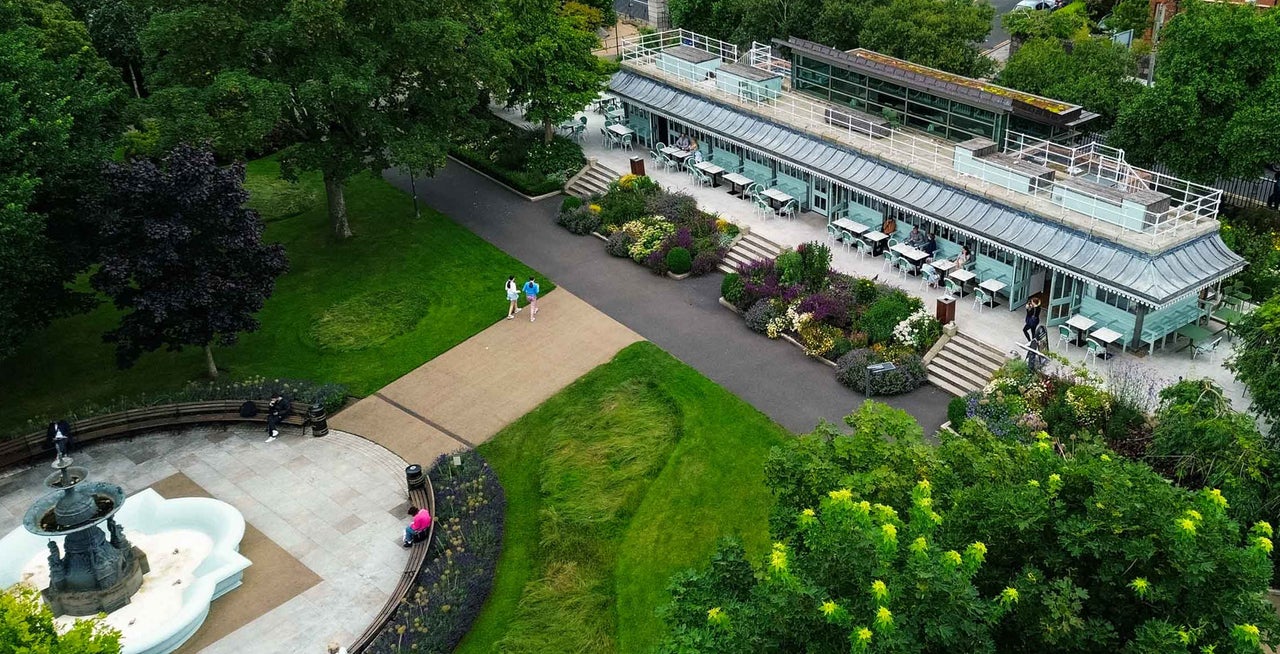 Aerial view of People's Park Café and fountain on the grounds