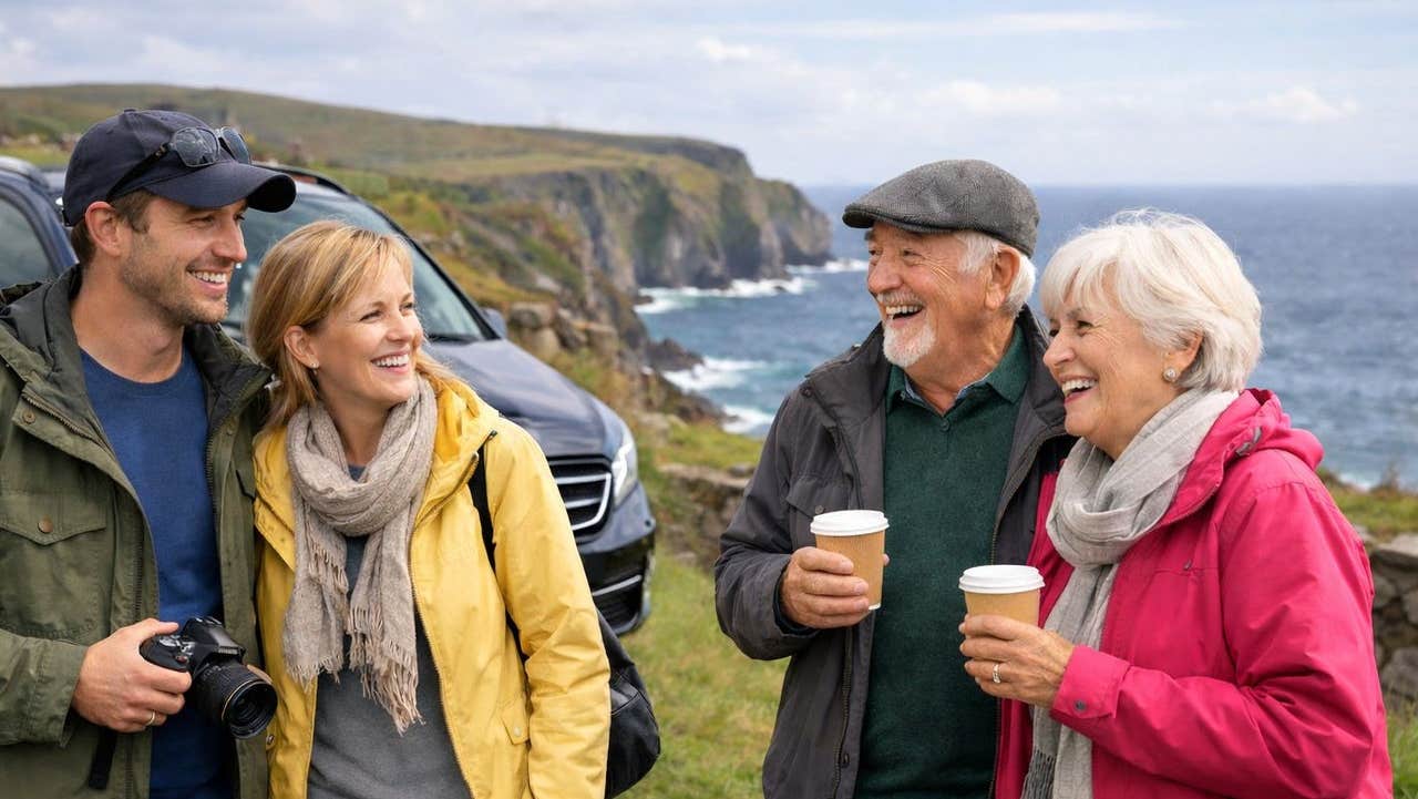 Two couples stand together with cups of coffee and cliffs in the background