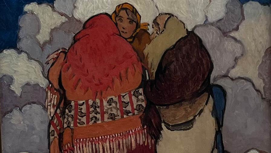 Painting with 3 women wearing shawls in a huddle