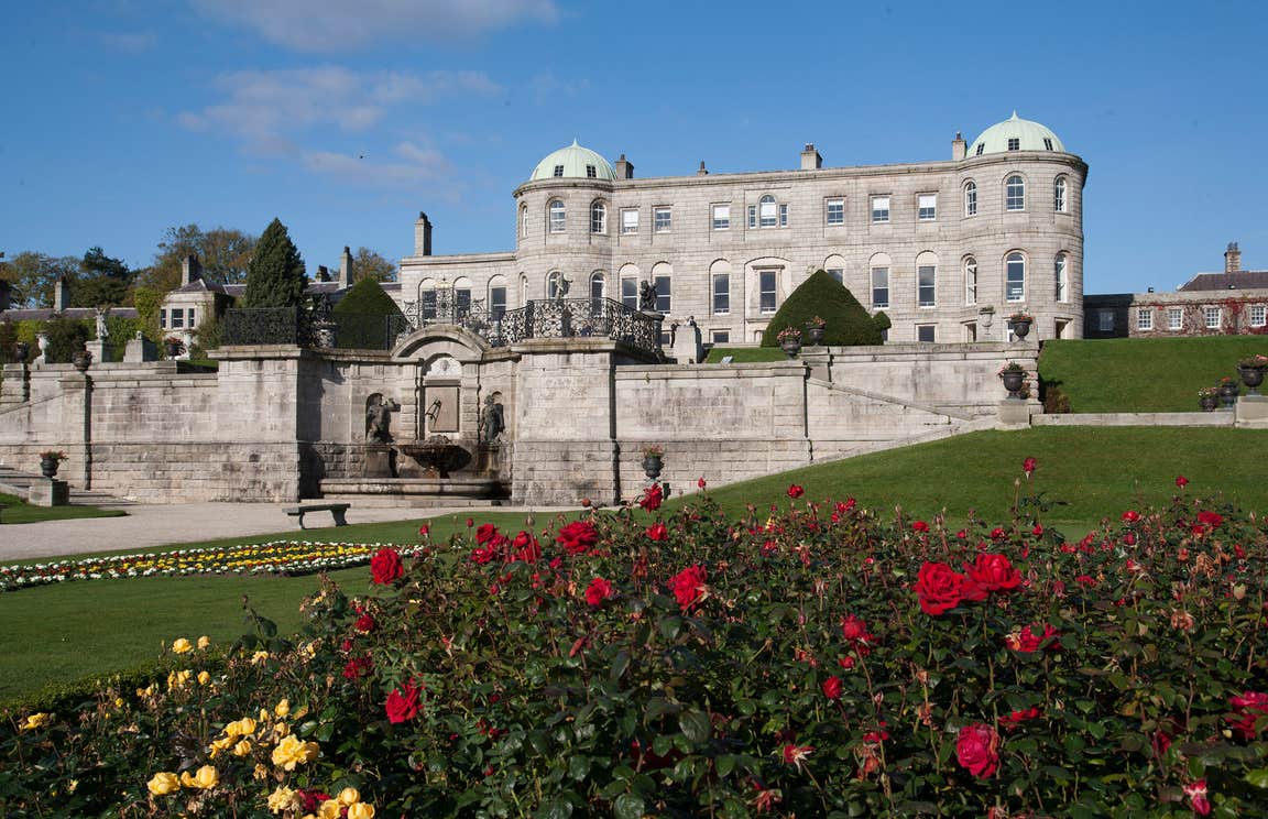 Red and yellow roses on a lawn outside Powerscourt House and Gardens