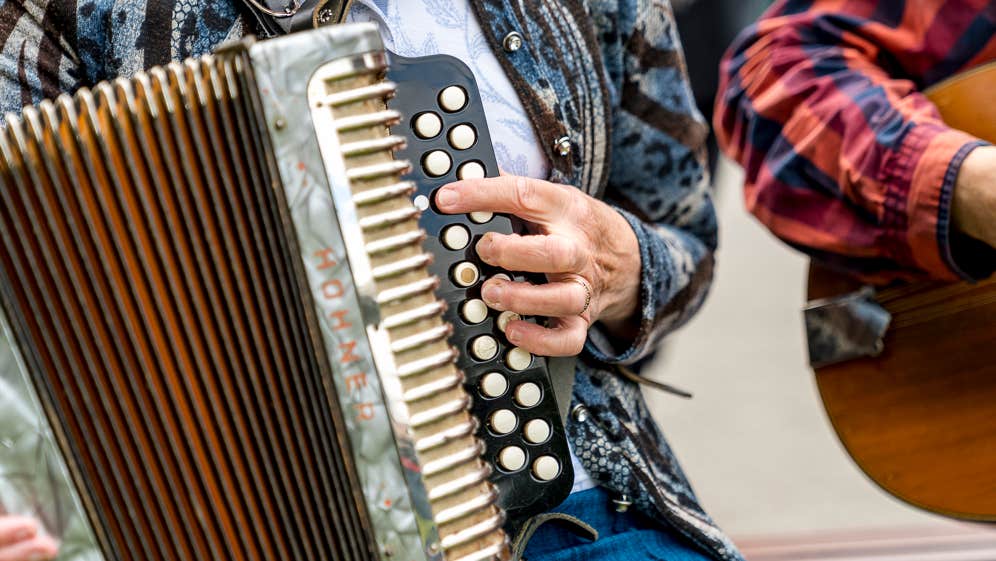 Close up view of person holding an accordion.