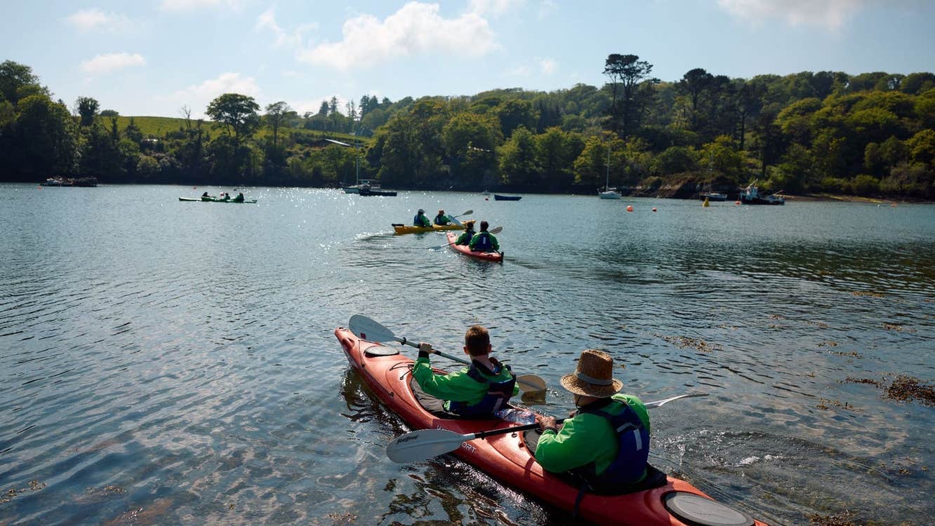 Kayakers on a lake lined with trees on a sunny day