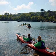 Kayakers on a lake lined with trees on a sunny day