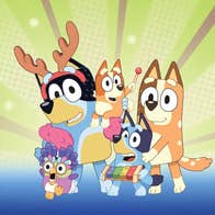 Cartoon image of 2 large dog type characters each holding a small version of themselves, all smiling.