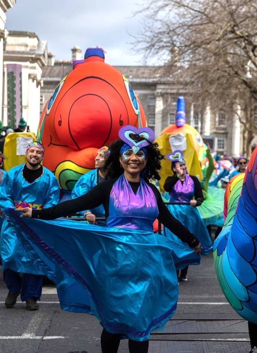 A performer in the 2024 St Patrick's Day Parade in Dublin city