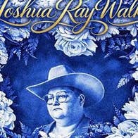 Joshua Ray Walker, a blue and white poster with flowery border around sad looking man in a large brim hat