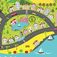 A simple colourful map of roads and houses by water.