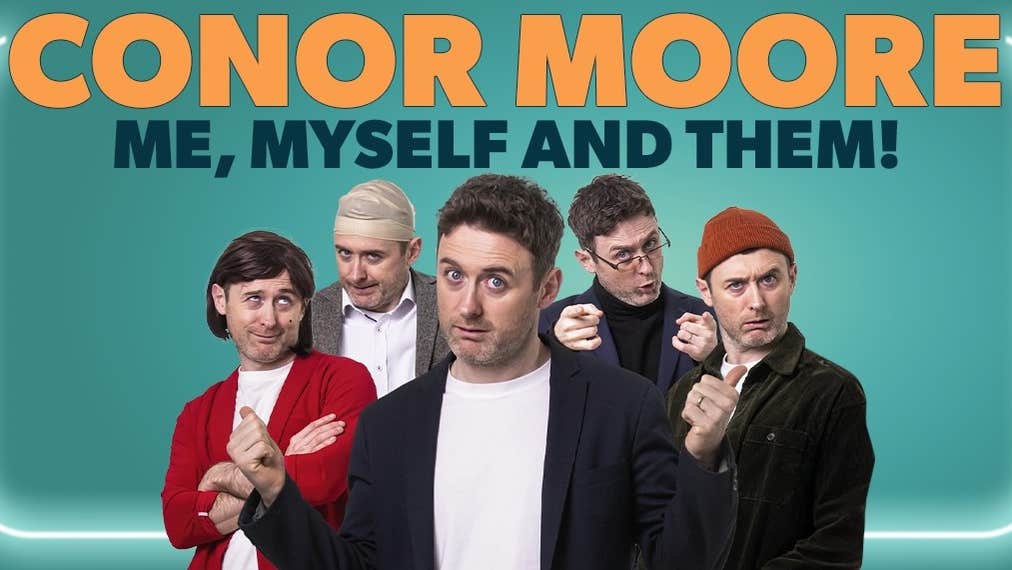 A man in front of himself dressed in various characters