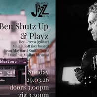 Ben Shutz Up & Playz at The Cobblestone - a man with an electric guitar beside an image of the front view of a pub.