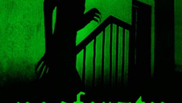A dark shadow of staircase and creepy person against glowing green wall