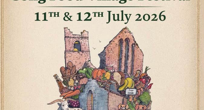 Part of poster for festival with hand drawn picture of church building with different foods and animals.