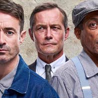 Headshots of 2 men in denim and stripy old shirts with man behind in formal shirt, tie and suit.