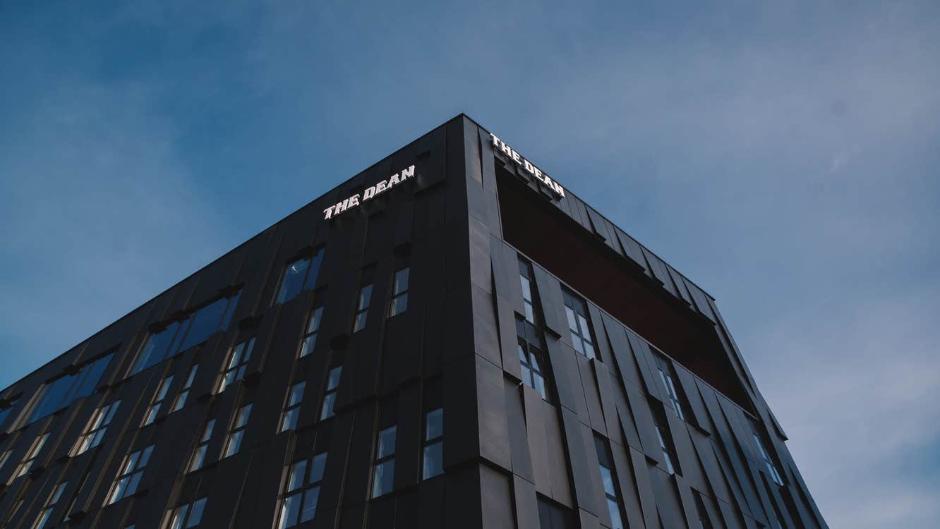 Outside view looking up at the building
