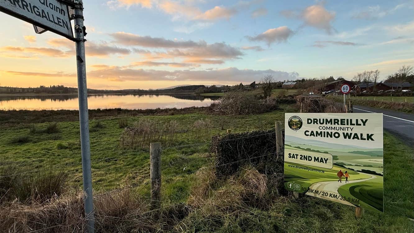 A quiet country road overlooking the sunset at Drumcoura City in South Leitrim. The peaceful rural landscape highlights the scenic setting for the upcoming community walking event on May 2nd.
