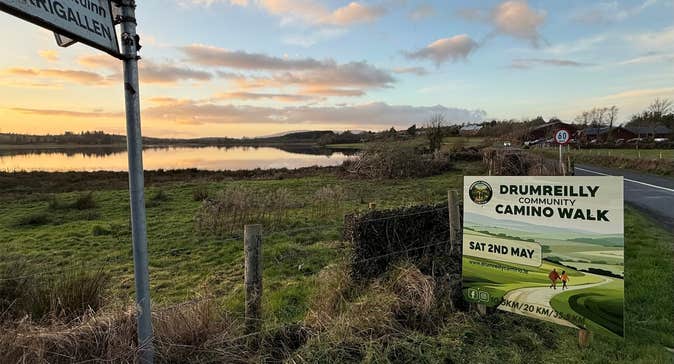 A quiet country road overlooking the sunset at Drumcoura City in South Leitrim. The peaceful rural landscape highlights the scenic setting for the upcoming community walking event on May 2nd.