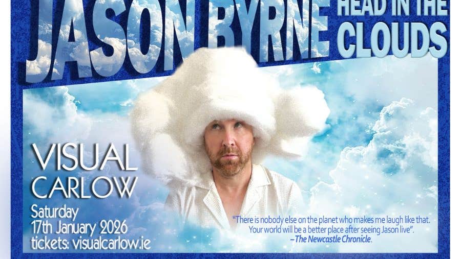A man looking upwards in white shirt with head covered in huge, white, fluffy hat surrounded by clouds and blue text.