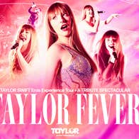 Taylor Fever - 2026 World Tour - pink poster with different views of a woman in sparkly dress singing.
