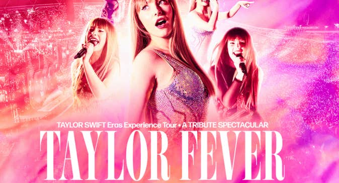 Taylor Fever - 2026 World Tour - pink poster with different views of a woman in sparkly dress singing.