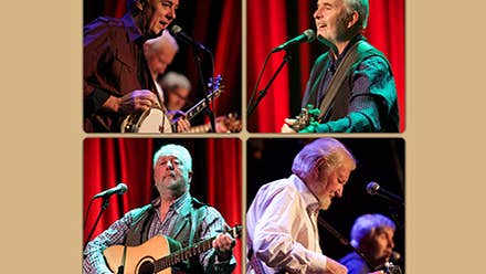 4 individual photos of men playing guitars arranged in a square.